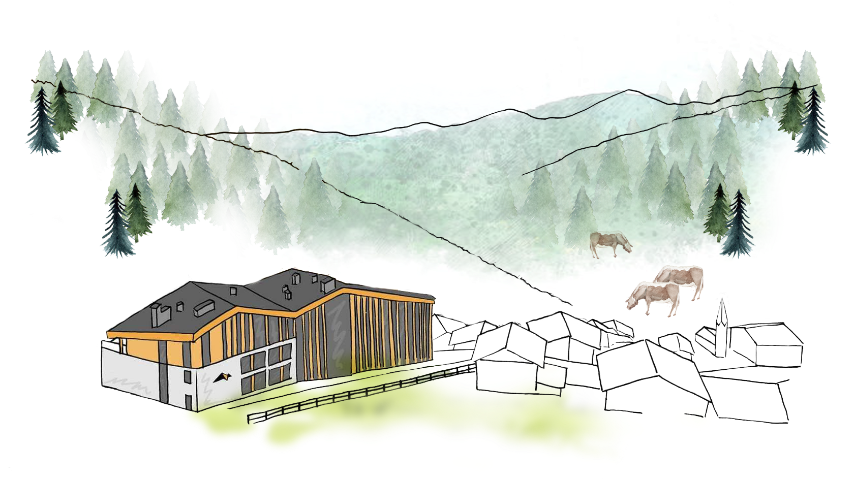 Illustration des Hotels Panoramic Lotsch – eingebettet in die Natur des Sarntals mit Kühen, Wald und Bergkulisse in Südtirol.